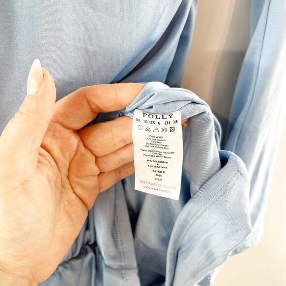 Oh Polly Short and Sweet Halter Cutout Long Bell Sleeve Mini Dress Blue 6 - Picture 5 of 8